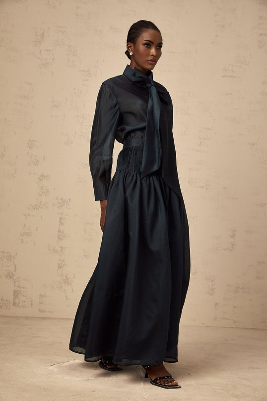 Zaria Green Shirt Skirt Set Terylene Fiber Ribbon Tie-Neck Detail Smocked Panelling Pleated Detailing Elasticated Waistband Maxi Length Glamour Luxury Modern Fashion Aficionado
