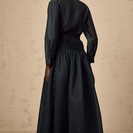 Zaria Green Shirt Skirt Set Terylene Fiber Ribbon Tie Neck Detail Pleated Elasticated Waistband Maxi Length