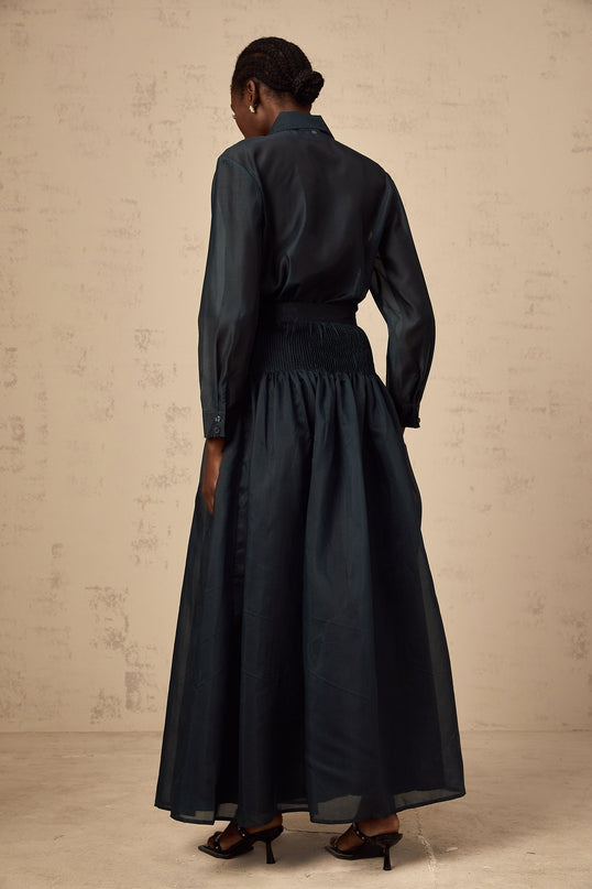 Zaria Green Shirt Skirt Set Terylene Fiber Ribbon Tie Neck Detail Pleated Elasticated Waistband Maxi Length