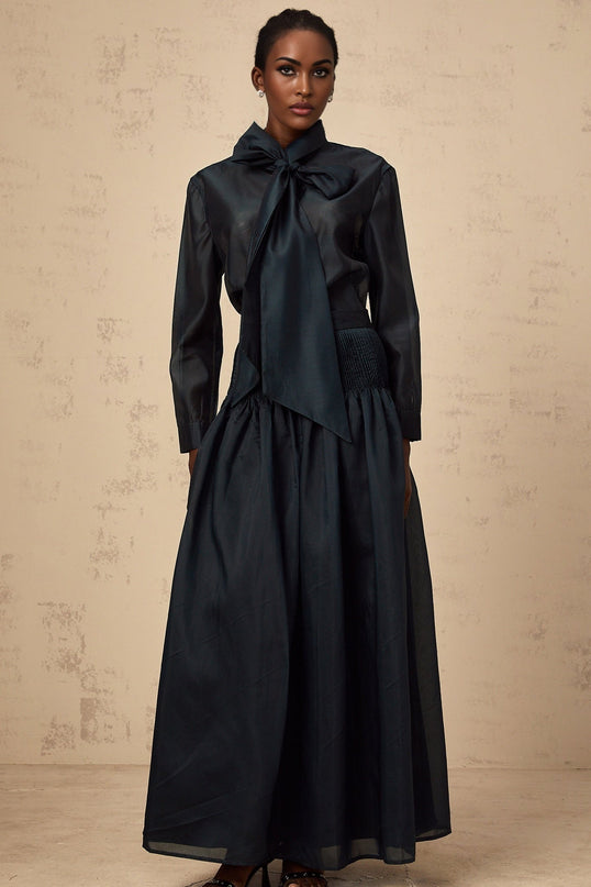 Zaria Green Shirt and Skirt Set Terylene Fiber Smocked Panelling Pleated Detailing Elasticated Waistband Maxi Length