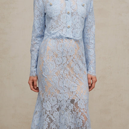Zaylee Blue Lace Crystal Embellished Skirt Top Set