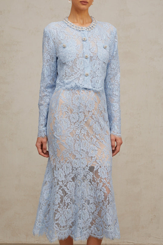 Zaylee Blue Lace Crystal Embellished Skirt Top Set