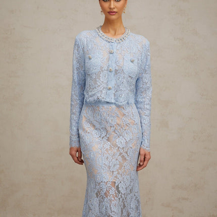 Zaylee Blue Lace Crystal Embellished Skirt Top Set