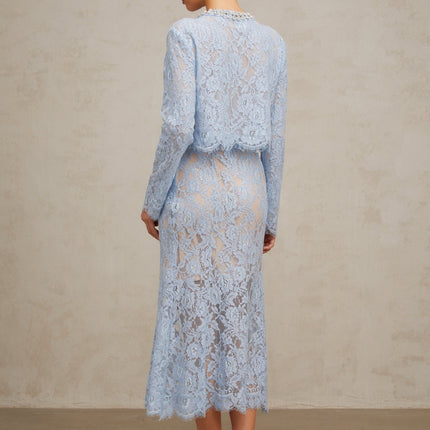 Zaylee Blue Lace Crystal Embellished Skirt Top Set