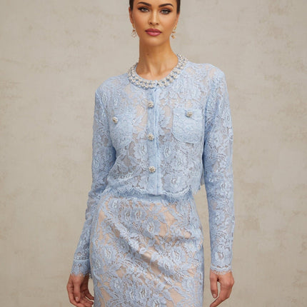 Zaylee Blue Lace Crystal Embellished Skirt Top Set