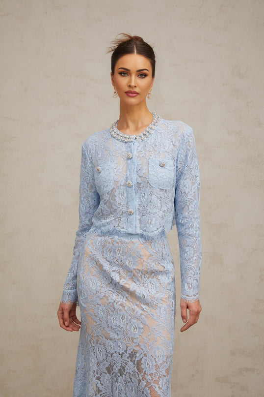 Zaylee Blue Lace Crystal Embellished Skirt Top Set