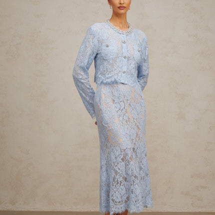 Zaylee Blue Lace Crystal Embellished Skirt Top Set