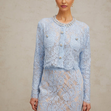 Zaylee Blue Lace Crystal Embellished Skirt Top Set