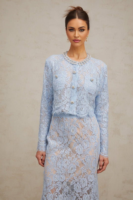 Zaylee Blue Lace Crystal Embellished Skirt Top Set