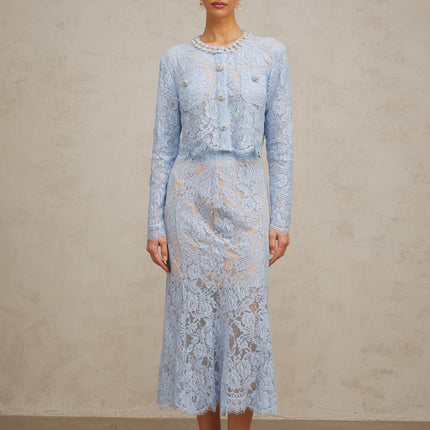 Zaylee Blue Lace Skirt Top Set Crystal Embellishments Terylene Fiber