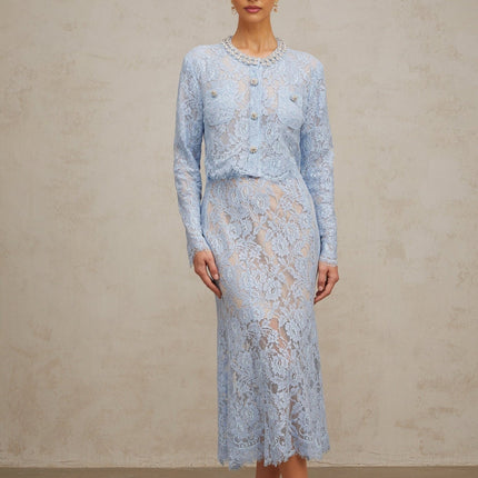 Zaylee Blue Lace Top and Skirt Set with Crystal Embellishments