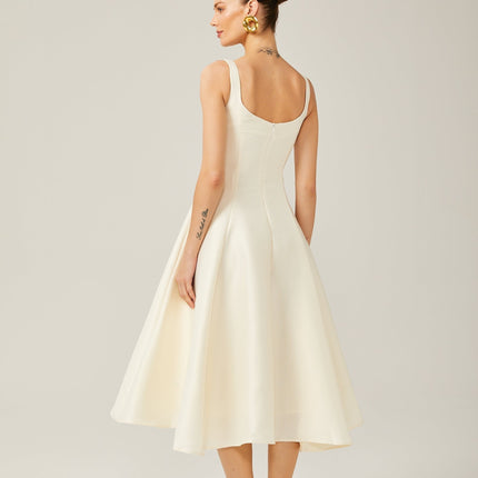 Zaylee Ivory White Satin Midi Dress Square Neck Wide Straps Dart Detailing Pleated Skirt Calf-Length Hemline Rear Zip Fastening Terylene Spandex Blend