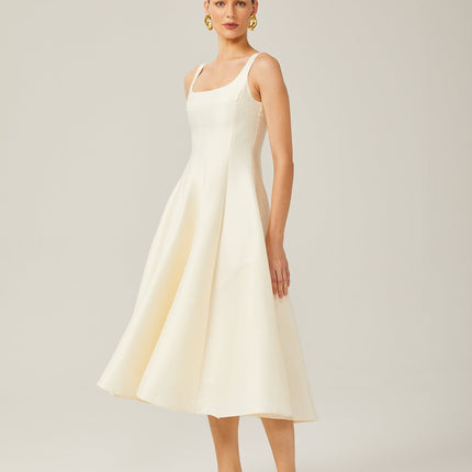 Zaylee Ivory White Satin Midi Dress Square Neck Wide Straps Dart Detailing Pleated Skirt Calf-Length Hemline Rear Zip Fastening Terylene Spandex Blend