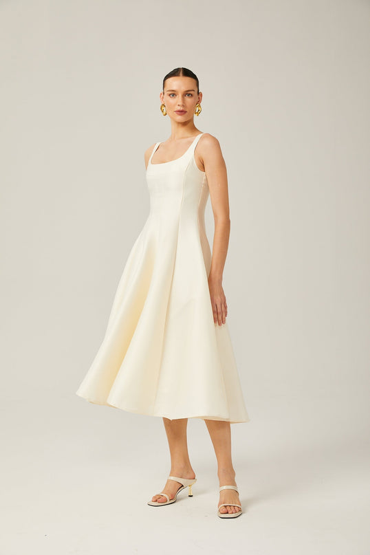 Zaylee Ivory White Satin Midi Dress Square Neck Wide Straps Dart Detailing Pleated Skirt Calf-Length Hemline Rear Zip Fastening Terylene Spandex Blend