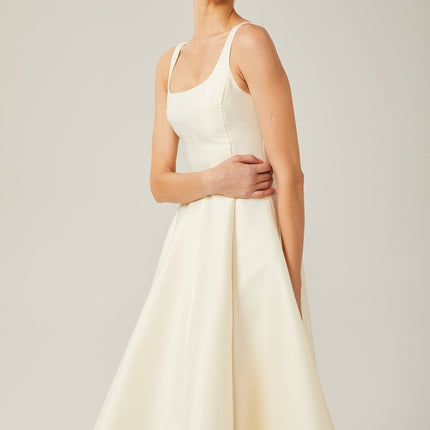 Zaylee Ivory White Satin Midi Dress Square Neck Wide Straps Dart Detailing Pleated Skirt Calf-Length Hemline Rear Zip Fastening