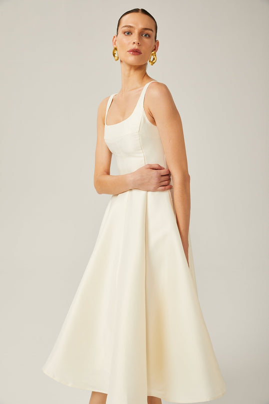 Zaylee Ivory White Satin Midi Dress Square Neck Wide Straps Dart Detailing Pleated Skirt Calf-Length Hemline Rear Zip Fastening