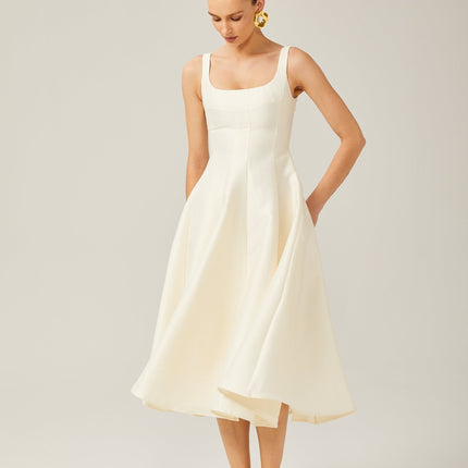 Zaylee Ivory White Satin Square Neck Midi Dress with Pleated Skirt