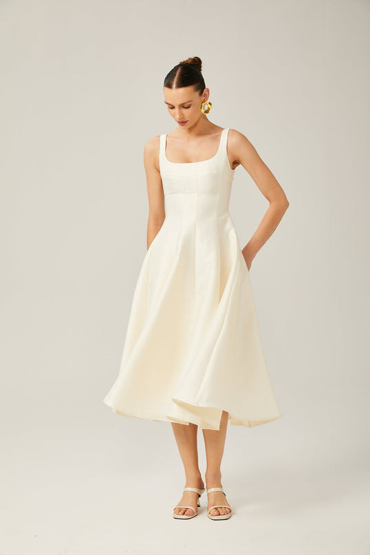 Zaylee Ivory White Satin Square Neck Midi Dress with Pleated Skirt