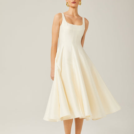 Zaylee Ivory White Satin Square Neck Midi Dress