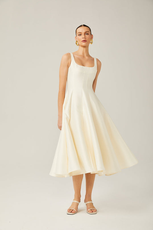 Zaylee Ivory White Satin Square Neck Midi Dress