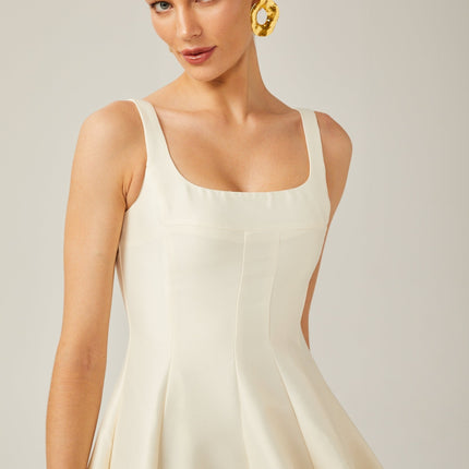 Zaylee Ivory White Satin Square Neck Midi Dress