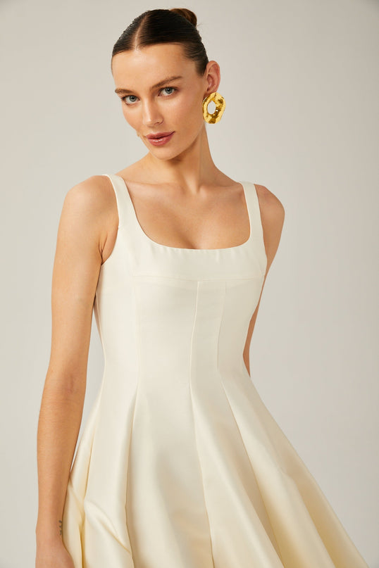 Zaylee Ivory White Satin Square Neck Midi Dress