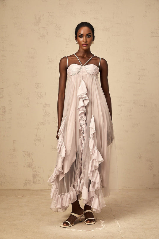 Zaylee Light Purple Maxi Dress Layered Ruffles Terylene Fiber