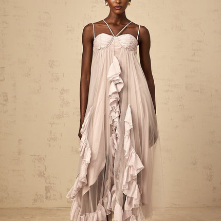Zaylee Maxi Dress Layered Ruffles Light Purple Tulle Elegant Sleeveless Spaghetti Straps Underwire Bra Luxurious Terylene Fiber