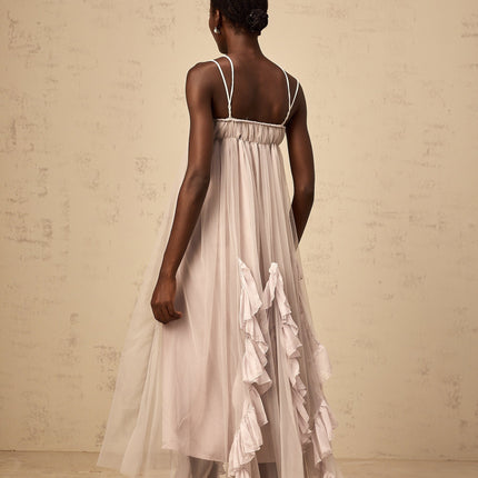 Zaylee Maxi Dress Layered Ruffles Light Purple Sleeveless Cross-Over Spaghetti Straps Underwire Bra Tulle Fabric Ruffled Detailing Layered Design Fully Lined 100% Terylene Fiber