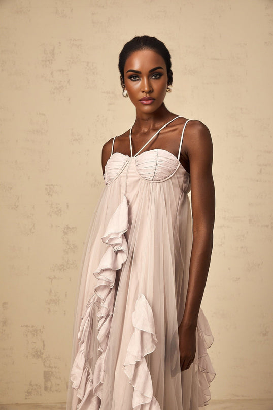 Zaylee Maxi Dress Layered Ruffles Light Purple Tulle Underwire Bra Spaghetti Straps