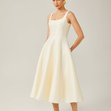 Zaylee Midi Dress in Ivory White Satin Finish Square Neck Wide Straps Dart Detailing Pleated Skirt Calf-Length Hemline Rear Zip Fastening 96% Terylene 4% Spandex