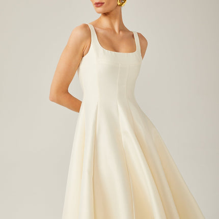 Zaylee Midi Dress in Ivory White Satin Square Neck Pleated Skirt