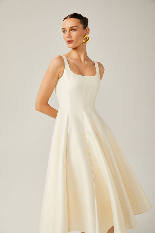Zaylee Midi Dress in Ivory White Satin Square Neck Pleated Skirt
