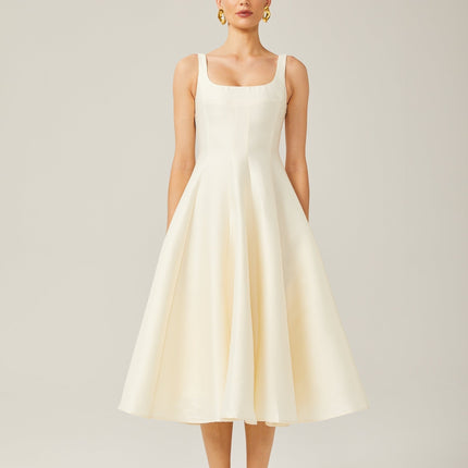Zaylee Midi Dress in Ivory White Satin Square Neck Wide Straps Dart Detailing Pleated Skirt Calf Length Rear Zip Fastening 96% Terylene 4% Spandex