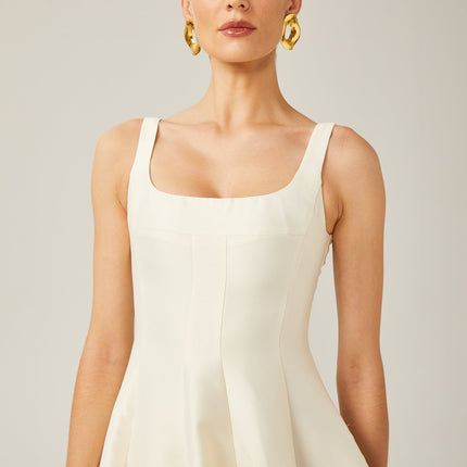 Zaylee Midi Dress in Ivory White Satin Finish Square Neck Wide Straps Dart Detailing Pleated Skirt Calf-Length Hemline Rear Zip Fastening 96% Terylene 4% Spandex