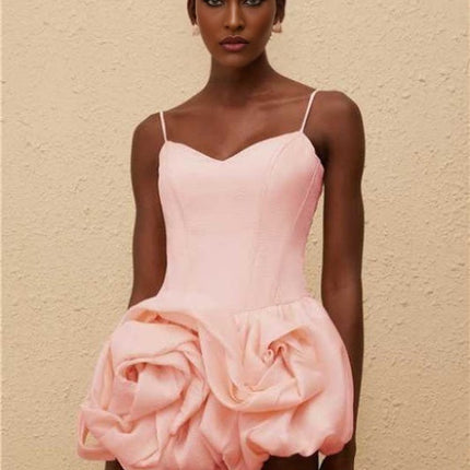 Zaylee Pink Mini Dress 3D-Petal Bubble Skirt Smocked Panel V-Neck Spaghetti Straps Boned Bodice Cinched Waist Sleeveless Rear Zip Fastening Terylene Fiber Elegant Feminine Sophisticated Special Occasions Graceful Charm