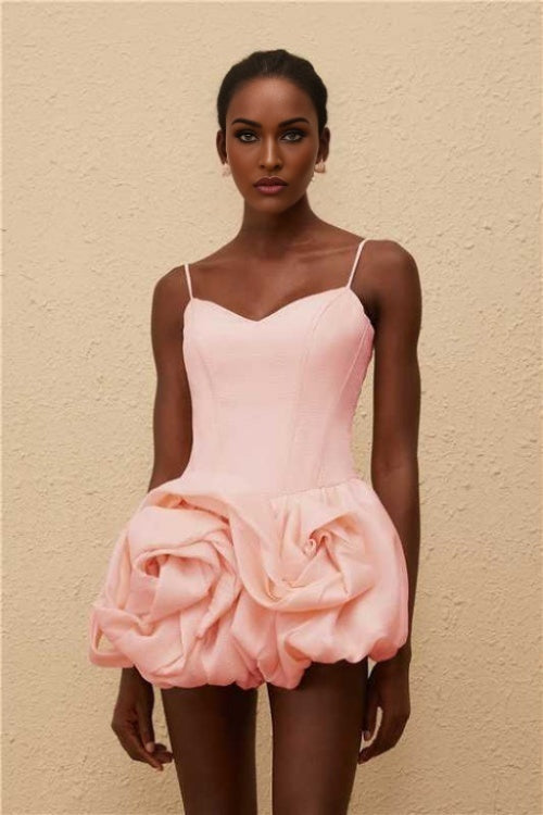 Zaylee Pink Mini Dress 3D-Petal Bubble Skirt Smocked Panel V-Neck Spaghetti Straps Boned Bodice Cinched Waist Sleeveless Rear Zip Fastening Terylene Fiber Elegant Feminine Sophisticated Special Occasions Graceful Charm