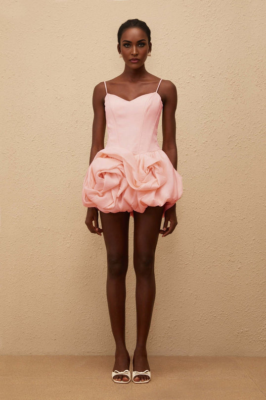 Zaylee Pink Mini Dress with 3D-Petal Bubble Skirt and Smocked Panel