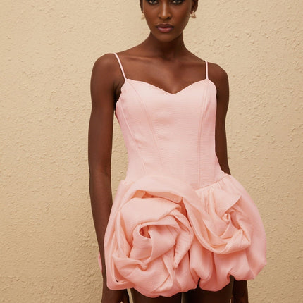 Zaylee Pink Mini Dress 3D-Petal Bubble Skirt Smocked Panel V-Neck Boned Bodice Cinched Waist Sleeveless Rear Zip Fastening Terylene Fiber