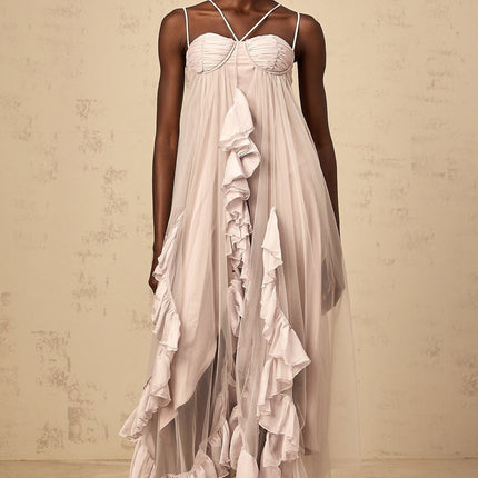 Zaylee Purple Maxi Dress Layered Ruffles Tulle Underwire Bra Spaghetti Straps Elegant Chic Sophisticated Graceful