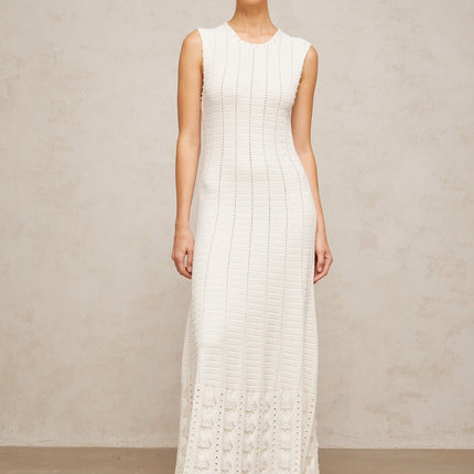 Zaylee White Maxi Dress with Faux-Pearl Embellishments and Pointelle Knit Pattern
