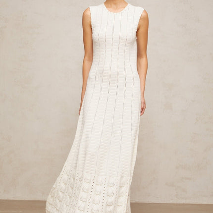 Zaylee White Maxi Dress with Faux-Pearl Embellishments and Pointelle Knit Pattern