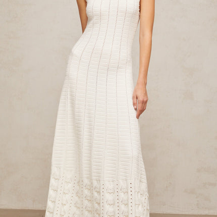 Zaylee White Maxi Dress with Faux-Pearl Embellishments and Pointelle Knit Pattern