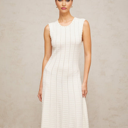 Zaylee White Maxi Dress with Faux-Pearl Embellishments and Pointelle Knit Pattern