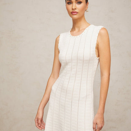 Zaylee White Maxi Dress with Faux-Pearl Embellishments and Pointelle Knit Pattern