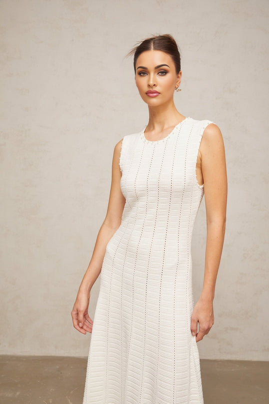 Zaylee White Maxi Dress with Faux-Pearl Embellishments and Pointelle Knit Pattern