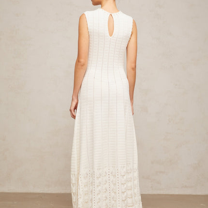 Zaylee White Maxi Dress with Faux-Pearl Embellishments and Pointelle Knit Pattern