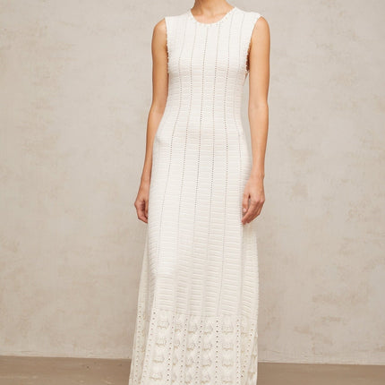 Zaylee White Maxi Dress with Faux-Pearl Embellishments and Pointelle Knit Pattern