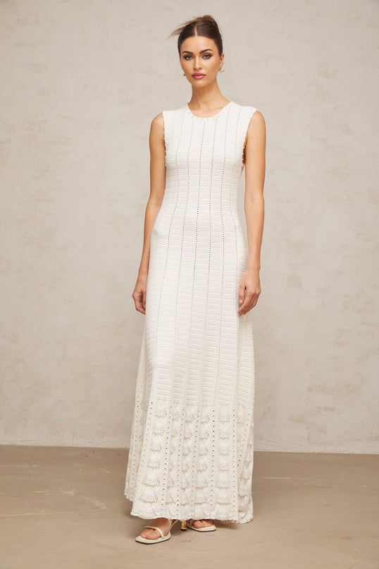 Zaylee White Maxi Dress with Faux-Pearl Embellishments and Pointelle Knit Pattern