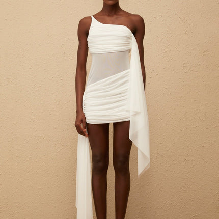 Zaylee White Mesh Ribbon Mini Dress